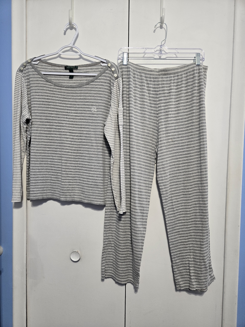 Lauren Ralph Lauren Pajama Lounge Set XL Gray White Stripe 100% Cotton LRL